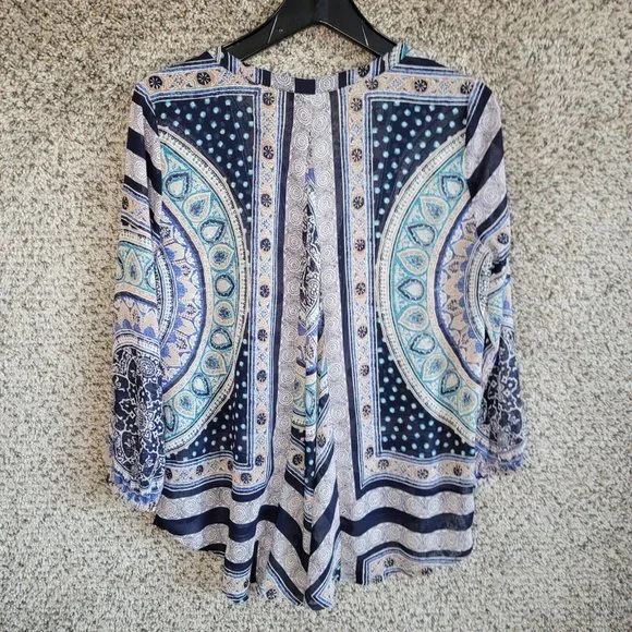 Lucky Brand Top Womens Small Oversized Blue Sheer Printed Hi Low‎ Blouse - Picture 7 of 7
